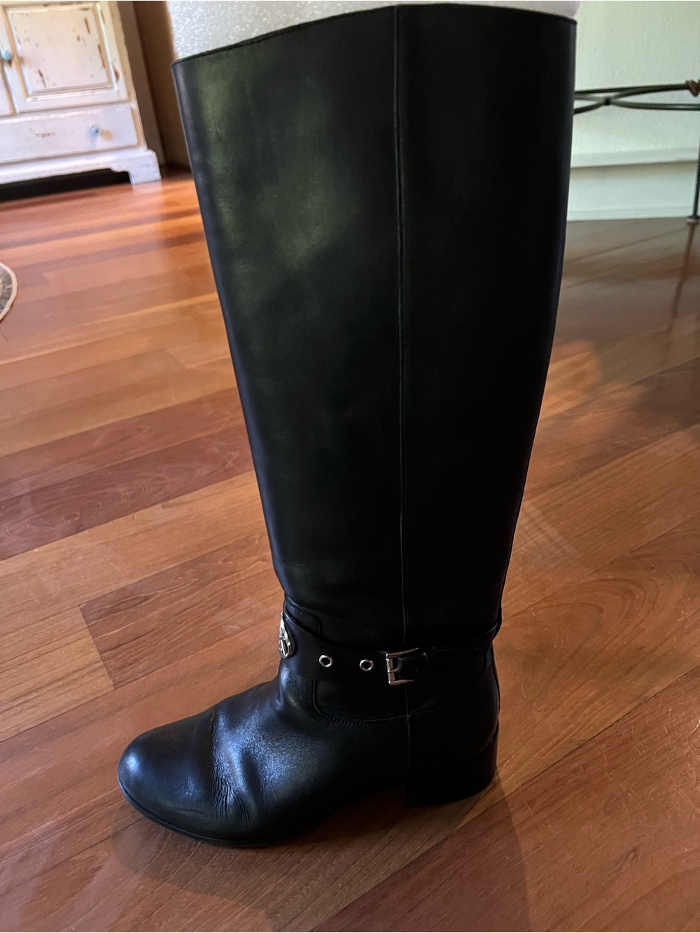Michael Kors Black Leather Knee-High Buckle Boots